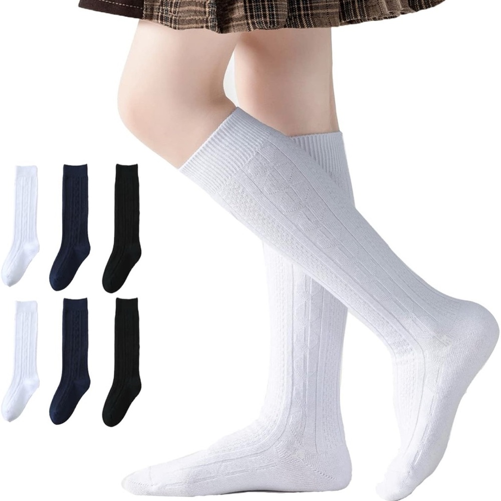 Marchare Socks Girls Cable Knit Knee High Cotton School Uniform Dress Sock 6PK